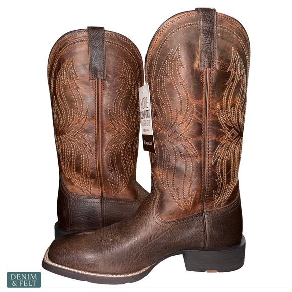 NEW Ariat Sport Rustler Wide Square Toe Cowboy Boots Brown Leather Western 9.5D main image 14
